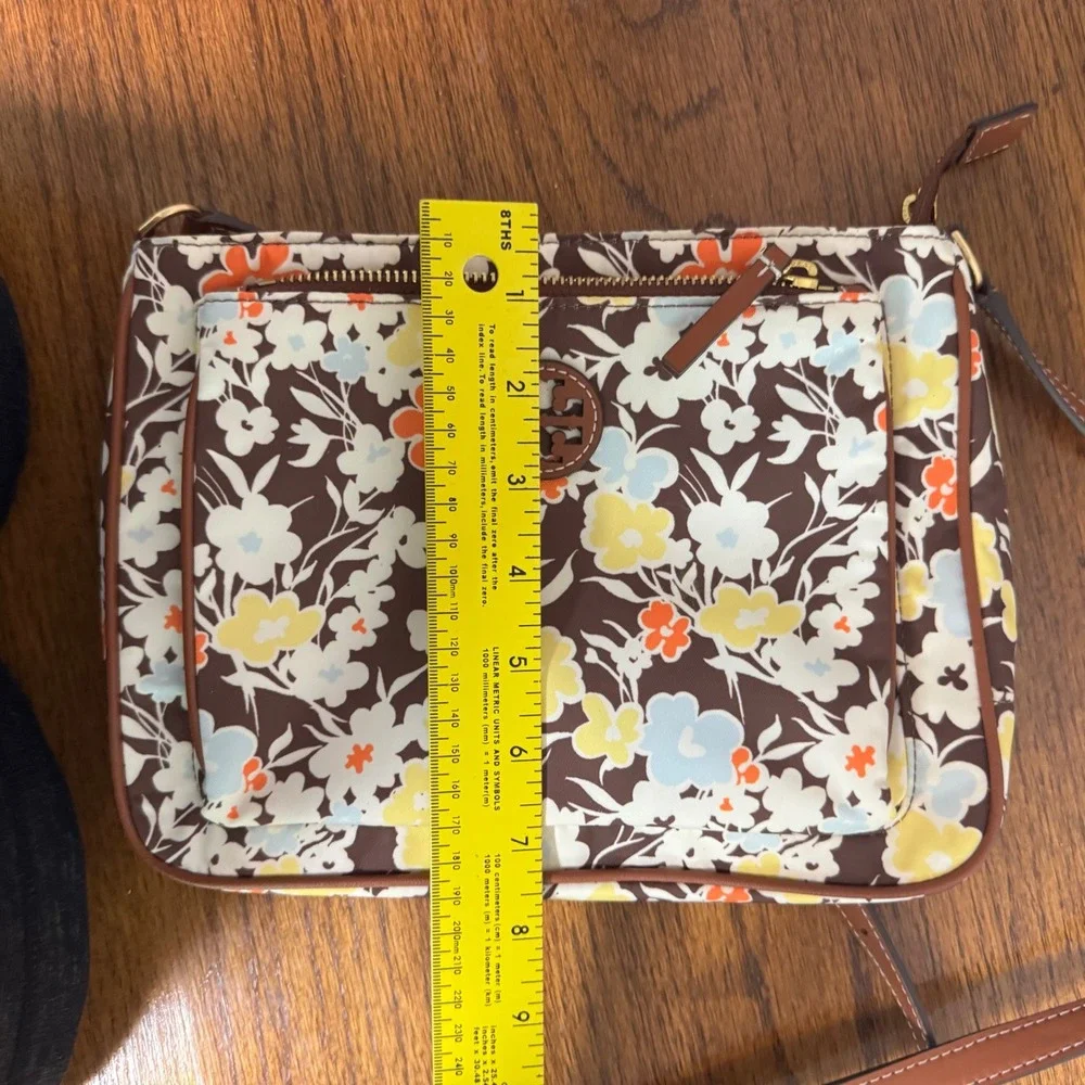 Tory Burch Womens Floral Nylon Crossbody Bag Brown Yellow Blue Boho